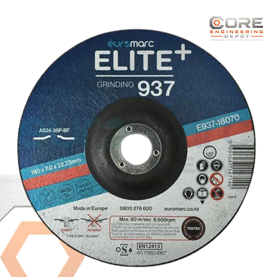 A pack of 100 ELITE+ Grinding Disc 937 abrasive discs by Core Engineering Depot, showing stacked metal grinding discs.