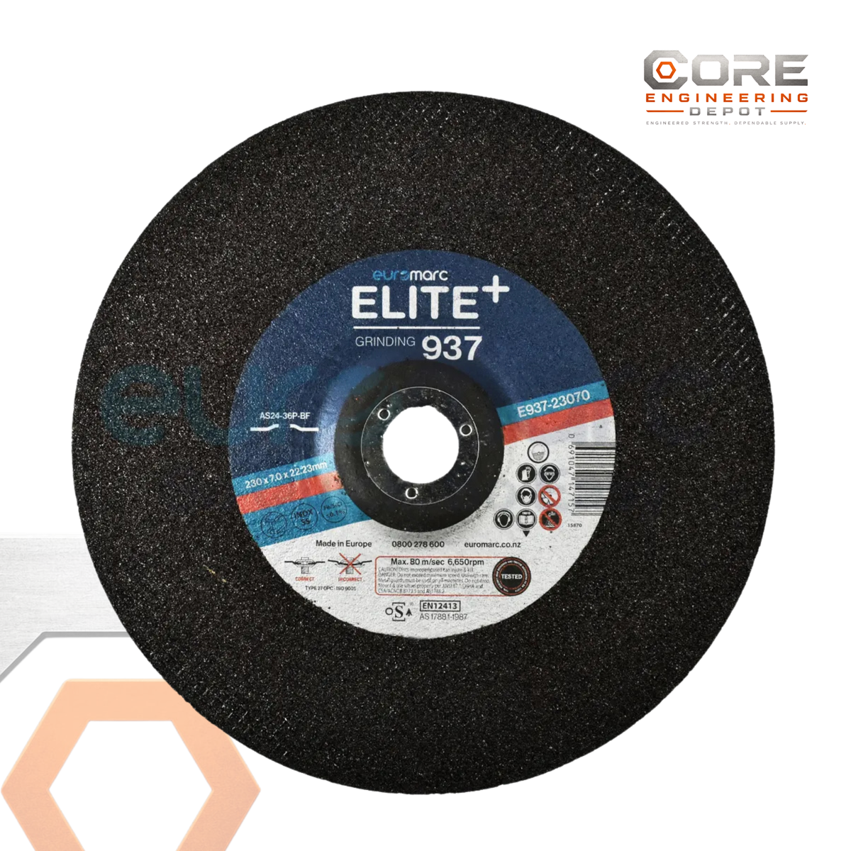 Core Engineering Depot ELITE+ Grinding Disc 937 abrasive disc stacked in bulk pack, suitable for metal grinding and polishing.