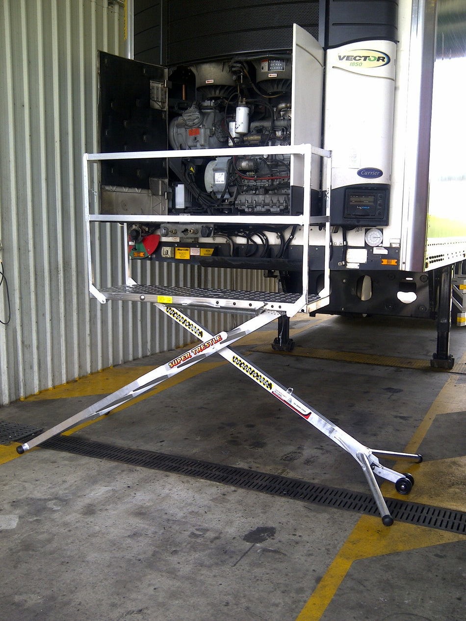 Core Engineering Depot SafeSmart Super Trestle Scaffold for access safety, shown assembled with sturdy metal frame and platform.