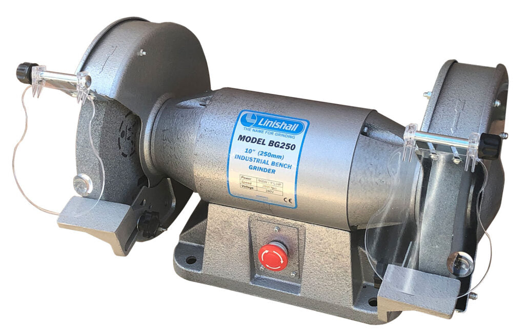 Heavy duty 10-inch bench grinder by Core Engineering Depot with a sturdy metal base and protective guards for grinding tasks.