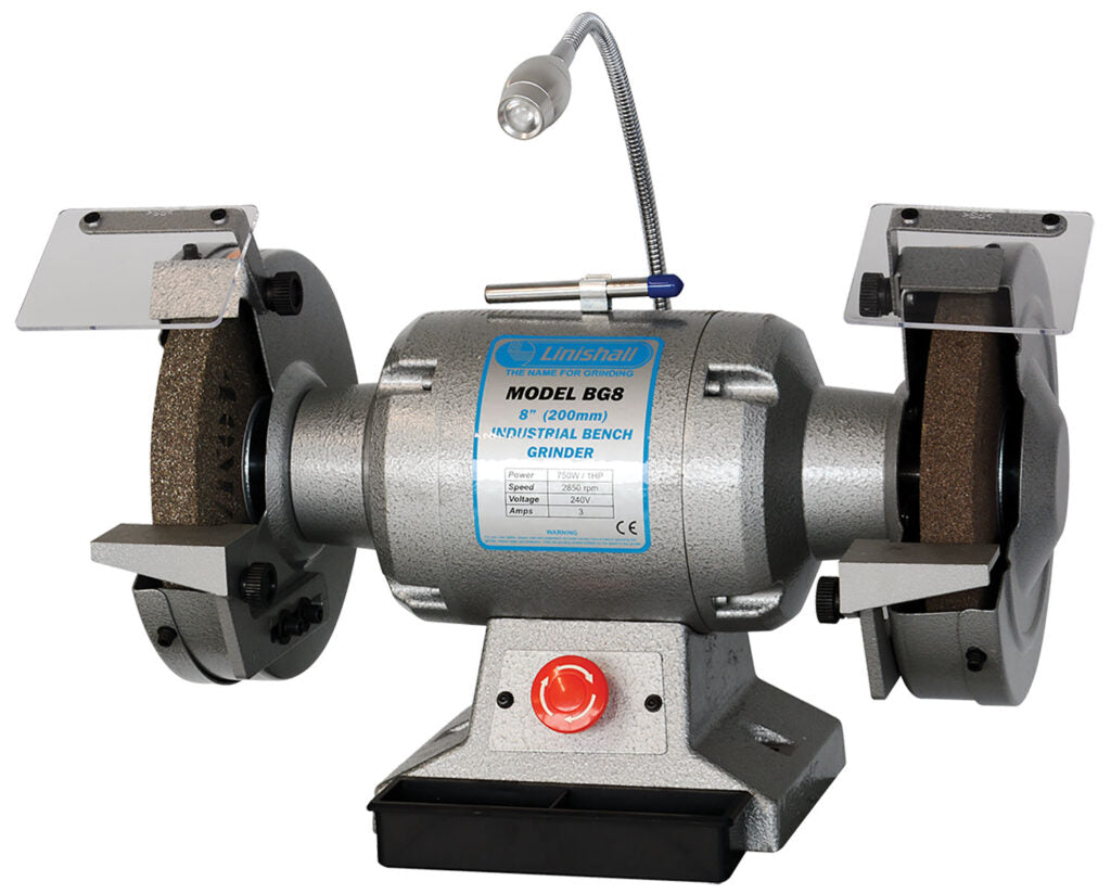 Heavy duty 8-inch bench grinder by Core Engineering Depot with safety guards and grinding wheels, ideal for metalworking tasks.