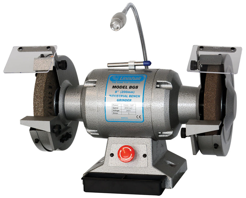 Heavy duty 8-inch bench grinder by Core Engineering Depot with safety guards and grinding wheels, ideal for metalworking tasks.