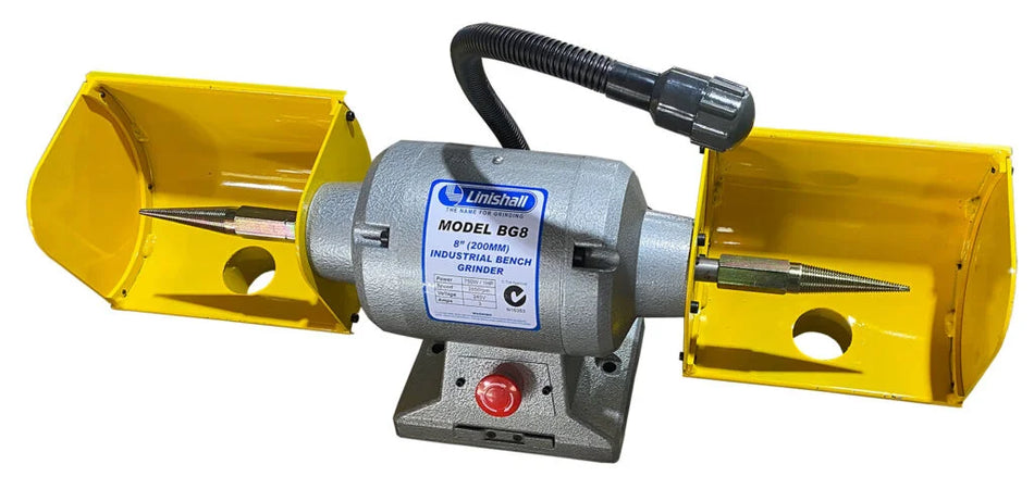 Core Engineering Depot LINISHALL 8-inch bench grinder with buffing wheel attached, showing the grinding and buffing setup.