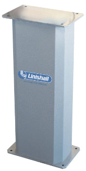 A tall, rectangular metallic column or pedestal with a brushed silver finish, featuring a blue and white 'Linishall' logo on the front, with a flat metal plate on top and mounting flanges at the base, shown on a white background.