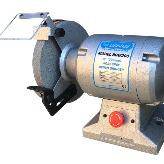 Core Engineering Depot LINISHALL 8-inch workshop bench grinder with dual grinding wheels and sturdy metal base.