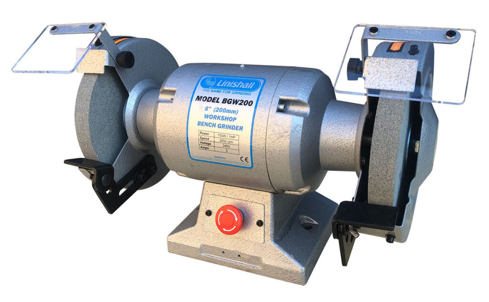 Core Engineering Depot LINISHALL 8-inch bench grinder with dual grinding wheels and sturdy metal base.