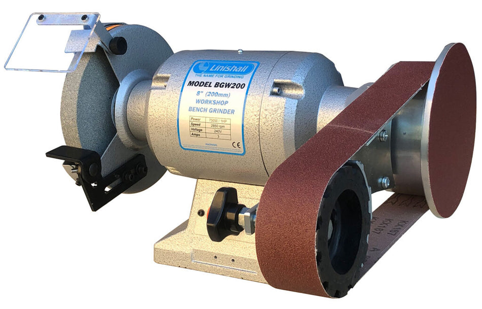Core Engineering Depot LINISHALL HD 8-inch bench grinder with belt and disc attachments, shown with safety shields and grinding wheels.