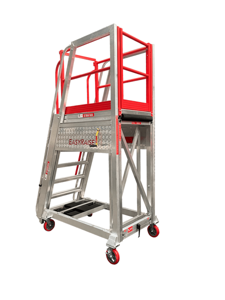 Core Engineering Depot EasyRaise mobile access steps with platform, red safety rails, and no background for secure height access.