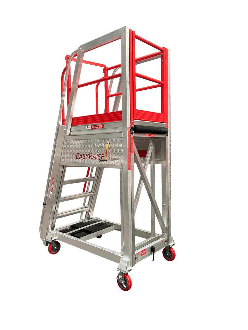 Core Engineering Depot EasyRaise mobile access steps with platform, red safety rails, and no background for secure height access.