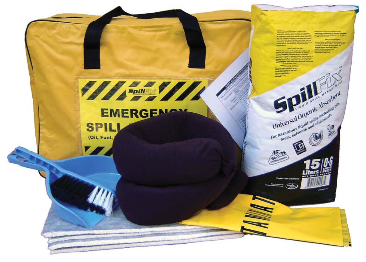 Core Engineering Depot Spillfix small spill kit in bag, spill management kit with absorbent materials for quick cleanup.