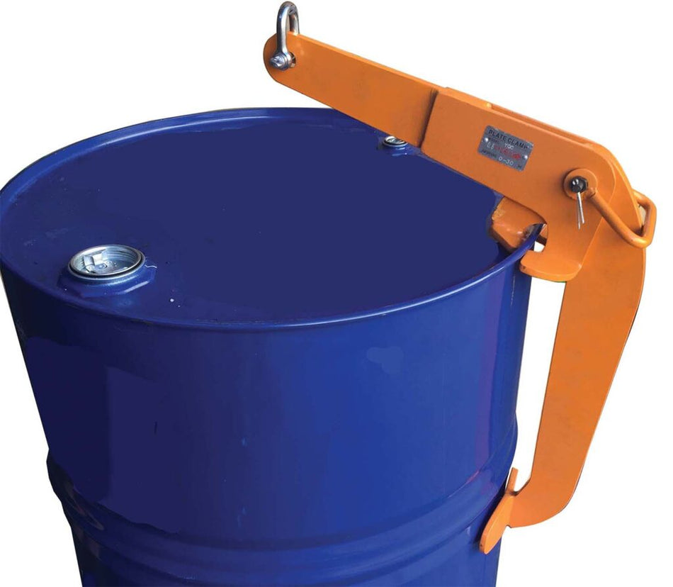 Vertical drum clamp for lifting by Core Engineering Depot, shown in use gripping a metal drum for secure handling.