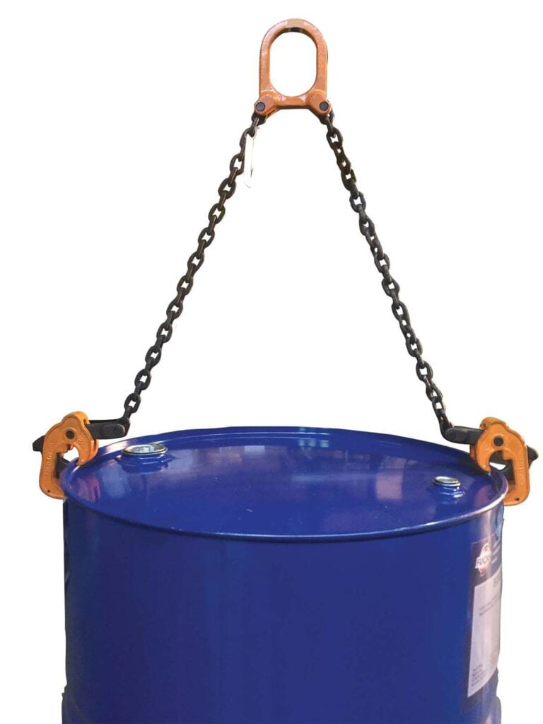 Core Engineering Depot GARRICK Chain & Clamp Drum Lifter lifting a drum with chain and clamp setup. Heavy-duty industrial lifting equipment.