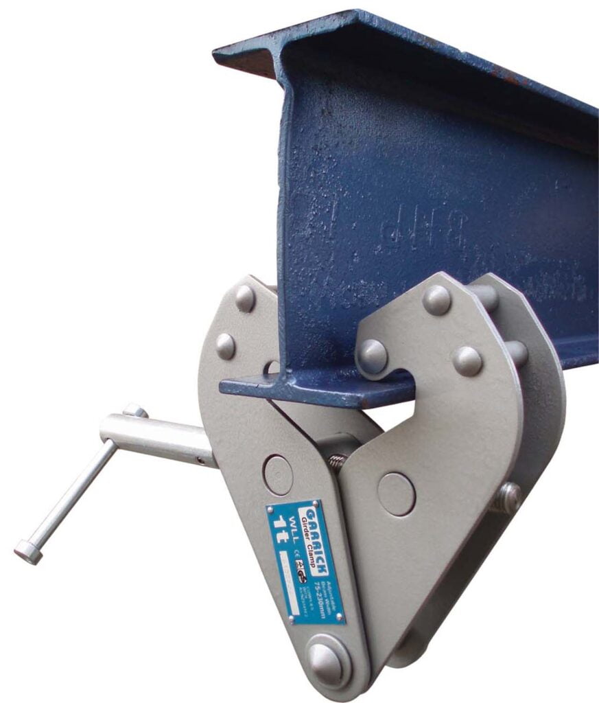 Core Engineering Depot Garrick 1T girder clamp on a beam, adjustable from 75 to 230mm width, for secure structural support.