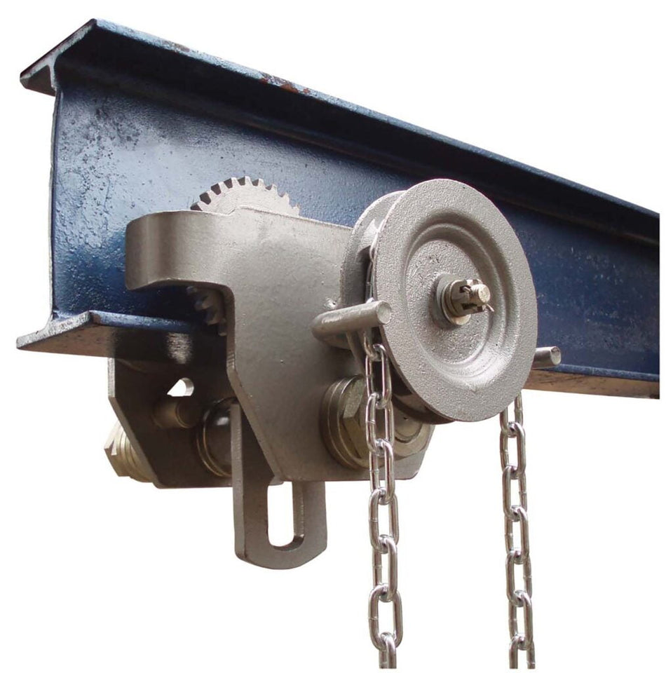 GARRICK Geared Trolley 1T for lifting, with sturdy steel frame and geared mechanism, designed for industrial material handling.