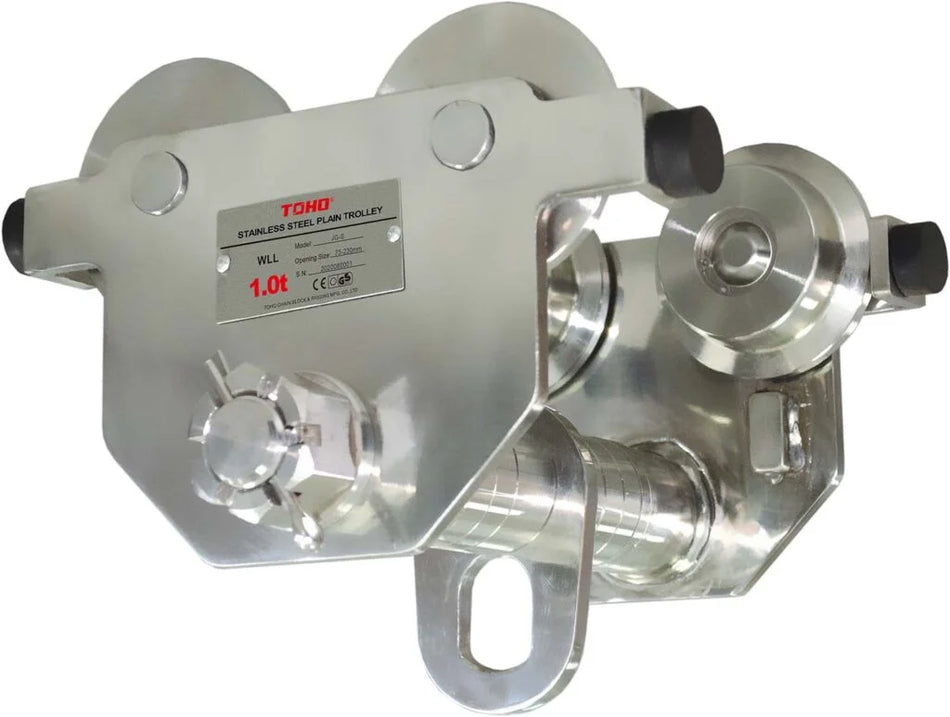 Stainless steel TOHO by Garrick 1T lifting push trolley with sturdy construction, designed for industrial material handling.