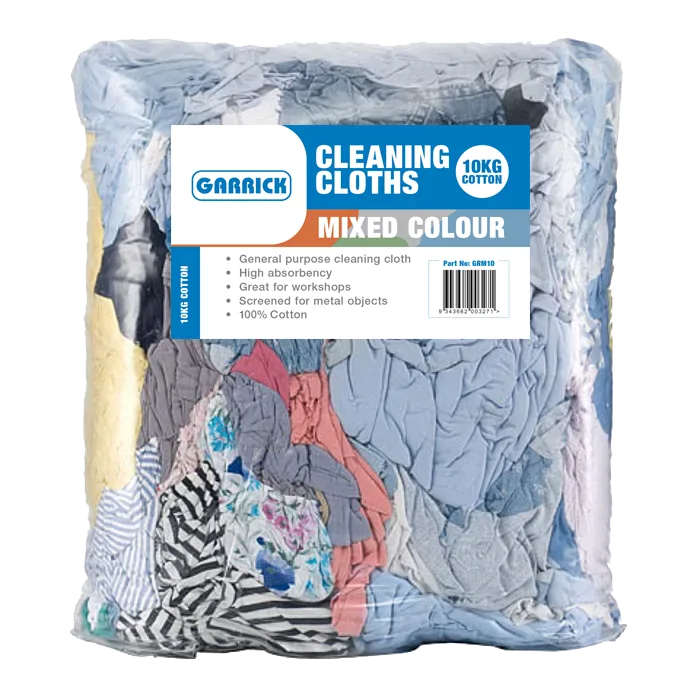 Core Engineering Depot Garrick mixed colour cotton cleaning cloths for spill management, 10kg bulk pack.