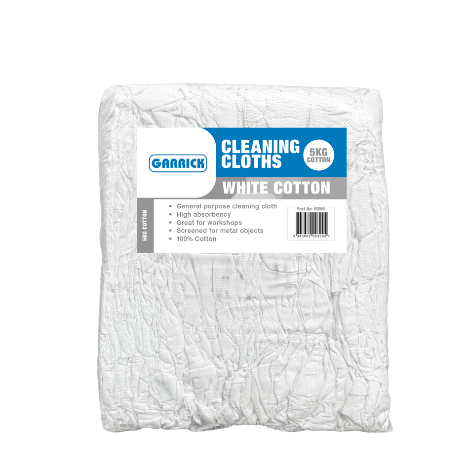Core Engineering Depot Garrick White 100% cotton cleaning cloth for spill management, shown in 5kg pack.