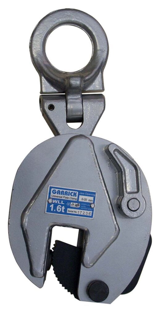 GARRICK Vertical Plate Clamp by Core Engineering Depot, lifting tool for 1.6-ton capacity, shown in black with gripping jaws.