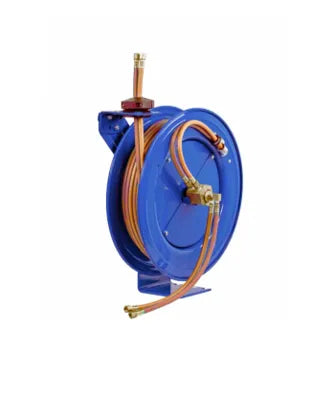 Harris LPG hose reel from Core Engineering Depot, durable gas hose reel with sturdy metal frame on a workshop floor.