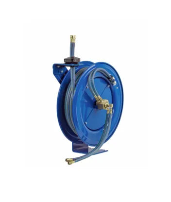 Harris OXY Hose Reel for gas hoses, made by Core Engineering Depot, mounted on a wall with coiled oxygen hoses.