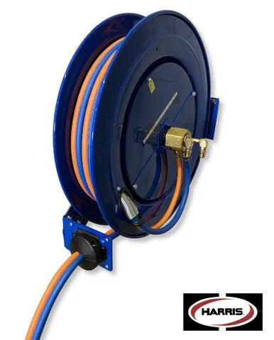 Harris OXY/LPG hose reel from Core Engineering Depot, mounted on wall with industrial gas hoses coiled neatly for welding and cutting.