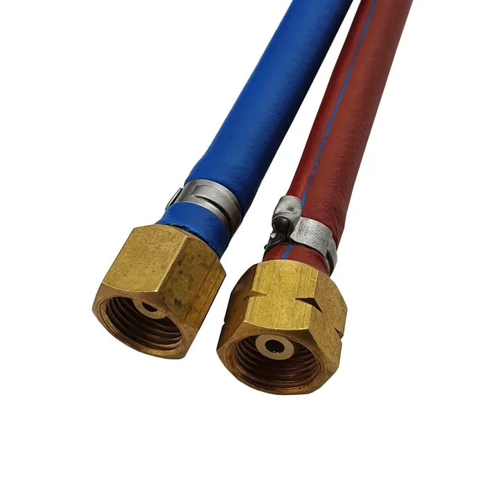 Harris 6mm oxygen and acetylene gas hose with fittings, flexible and durable for welding and cutting applications.