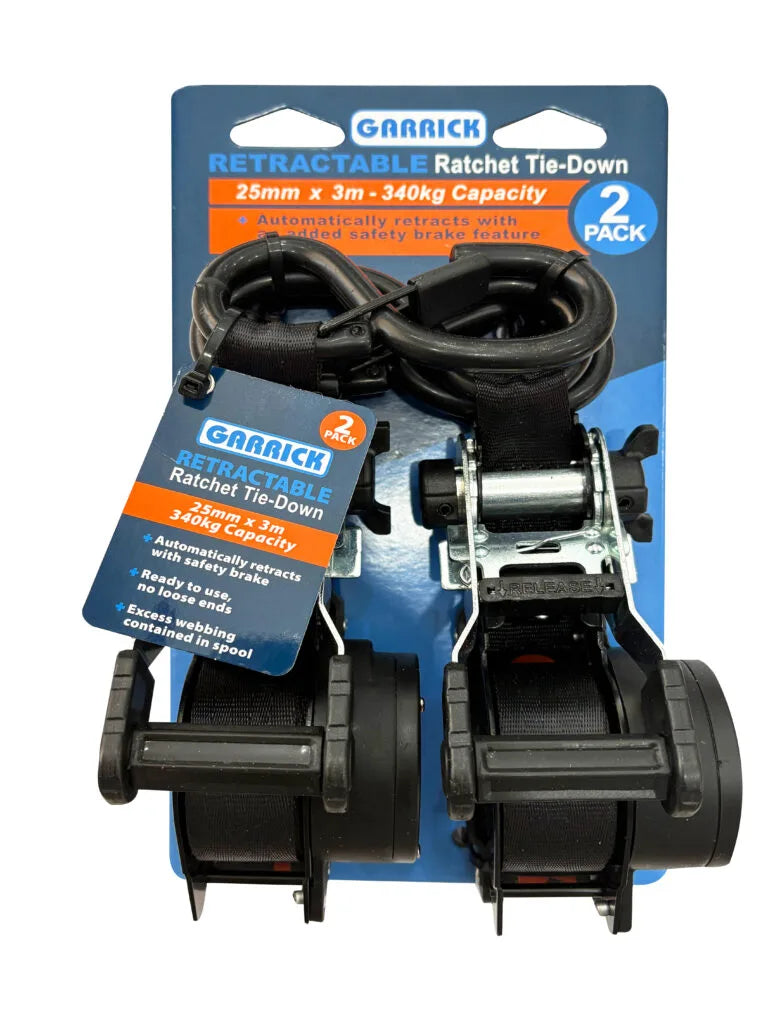 GARRICK RETRACTABLE Tie Down 25mmx3M-340kg- 2pk