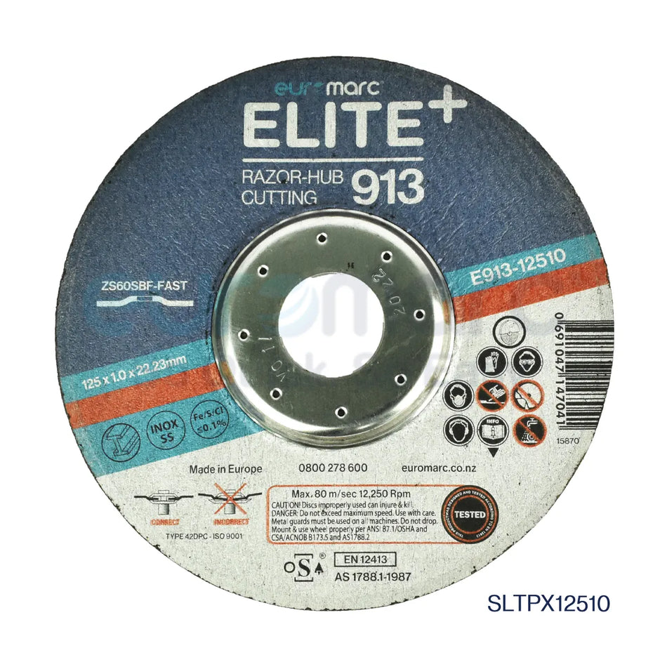 Pack of 10 Core Engineering Depot ELITE+ Razor Hub 913 Cutting Discs for abrasive cutting, shown stacked with metal surfaces.