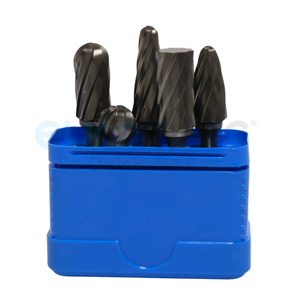Open box of Core Engineering Depot Elite Carbide Burr Set with various cutting tools for precision grinding and shaping.