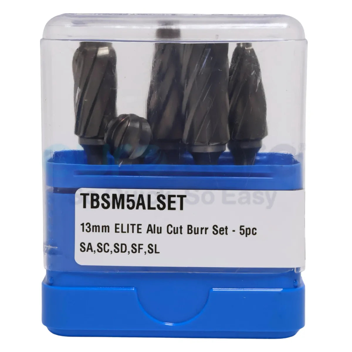 Elite Carbide Burr Set by Core Engineering Depot, cutting tools with multiple burrs, shown front-on with textured tips for precision grinding.