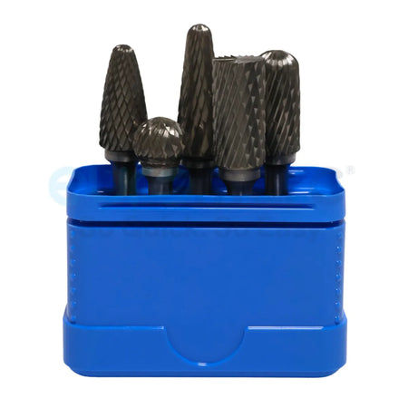 Core Engineering Depot Elite Carbide Burr Set with multiple cutting tools, arranged in an open box for precise metal shaping and grinding.