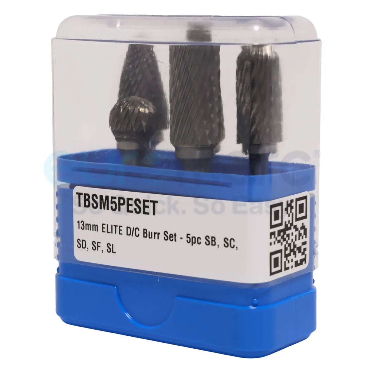 Core Engineering Depot Elite Carbide Burr Set for cutting tools, shown side view in storage box.